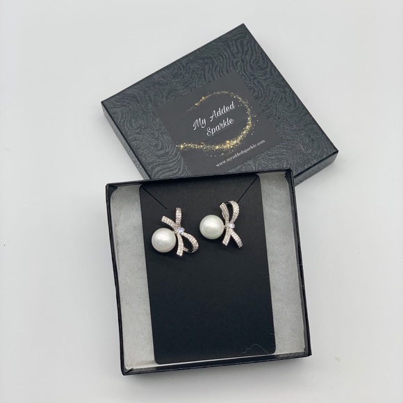 925 Sterling Silver Bow & Pearl Drop Earrings - Picture 6 of 7